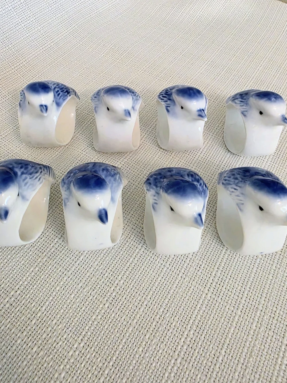 Porcelain Blue Bird Napkin Rings Set Of 8 Nature Dinner Party Blue White Classic